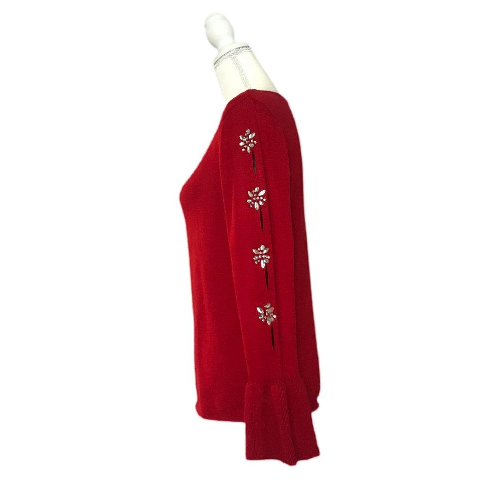 Romeo & Me R&M Women's Red Long  Rhinestone Floral Bell Sleeve Sweater M